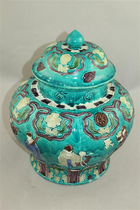 A Chinese Fahua decorated baluster jar and cover, 18th / 19th century, 32cm.